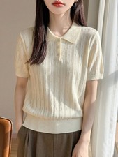 Womens Solid Color Openwork Loose Fit Polo Ne...