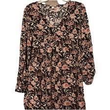 KNOX ROSE Black Floral Dress V Neck Long Sleeve Size Medium Boho