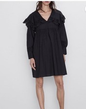 New ZARA Scalloped Eyelet Poplin Black Babydoll Mini Dress  Long Sleeve Ruffle M