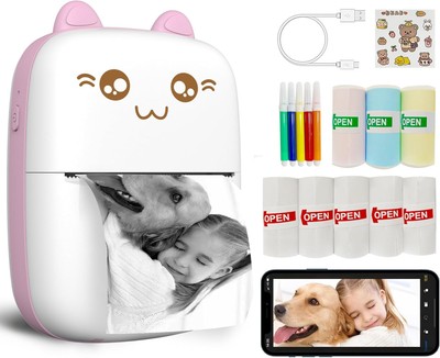 Mini Printer Portable, Inkless Sticker printer with 8 Rolls Paper, Mini, Pink 
