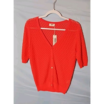 Gil'B Women's Small Knitted V Neck Lace Cardigan 100% Cotton Coral Pink NWT