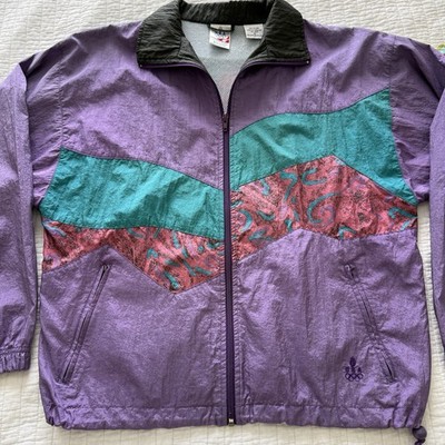 Vintag USA Olympic Windbreaker Jacket 90s Purple Teal Pink JCPenney Medium