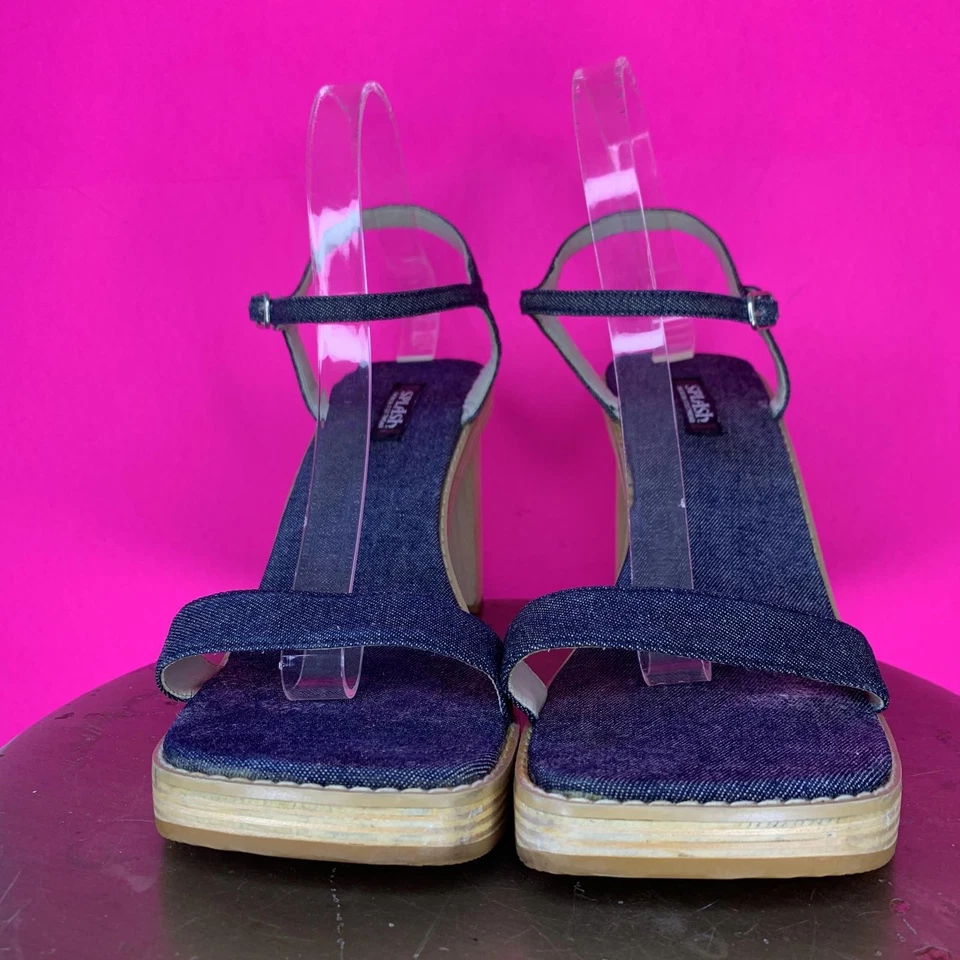 Sandalia Vintage Splash Azul Oscuro Denim Tacón Madera Punta Abierta Talla 10 Foto 2 de 4