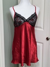 Linea Donatella Womens Red Satin W/Black Lace Above the knee NightGown SzM