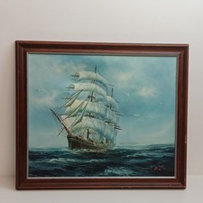 Blue TALL SHIP OIL Original Vintage Seascape Oil Painting Signed Balone