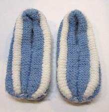 Vintage 1960's Hand Knitted Crocheted Blue White Slippers 4" Wide 9" Long