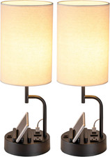 Table Lamp with 3 USB Charging Ports, Modern Desk Lamp with AC Outlet and Phone