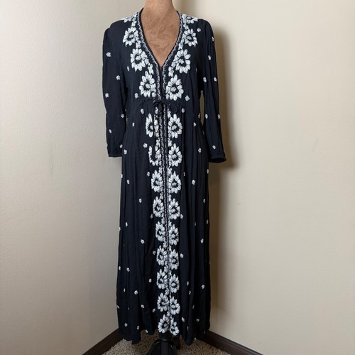 Free People Embroidered Fable Midi Dress Womens Small Black Boho Cottagecore