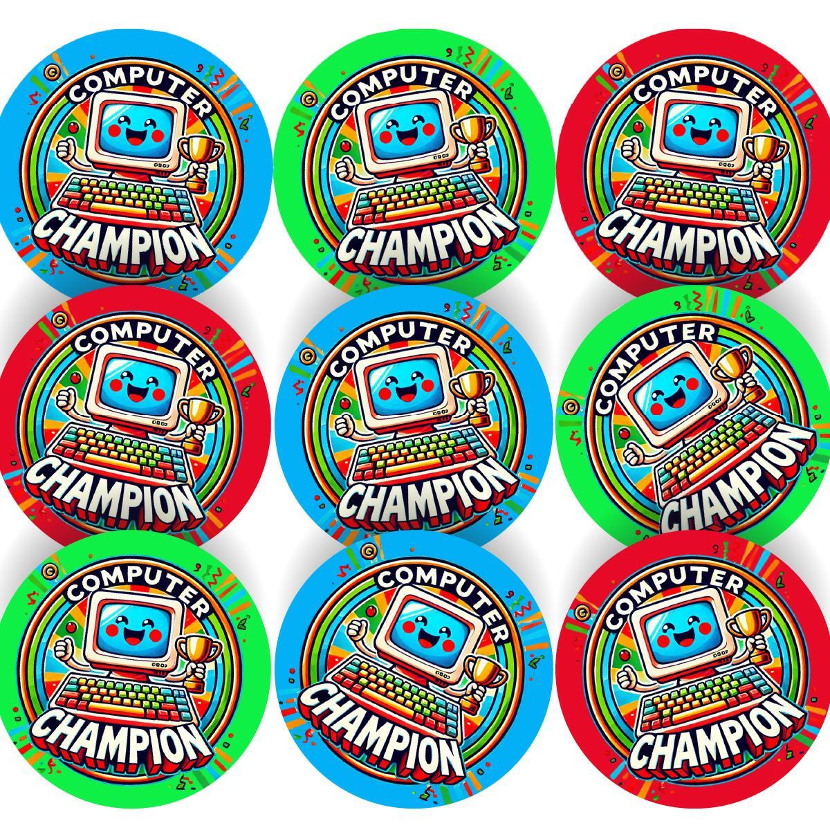 144 Computer Champion - 30mm - Glossy Reward Stickers for Teachers & Parents