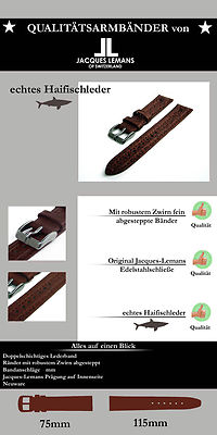 18 mm Uhrenarmband Jacques Lemans dunkelbraun Echt Haifischleder Doppelsteppnaht