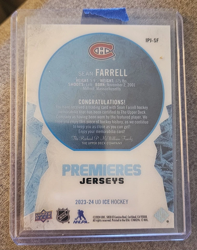 2023-24 Upper Deck Ice Sean Farrell Premieres Rookie Jersey  Montreal Canadiens  - Image 2 of 2