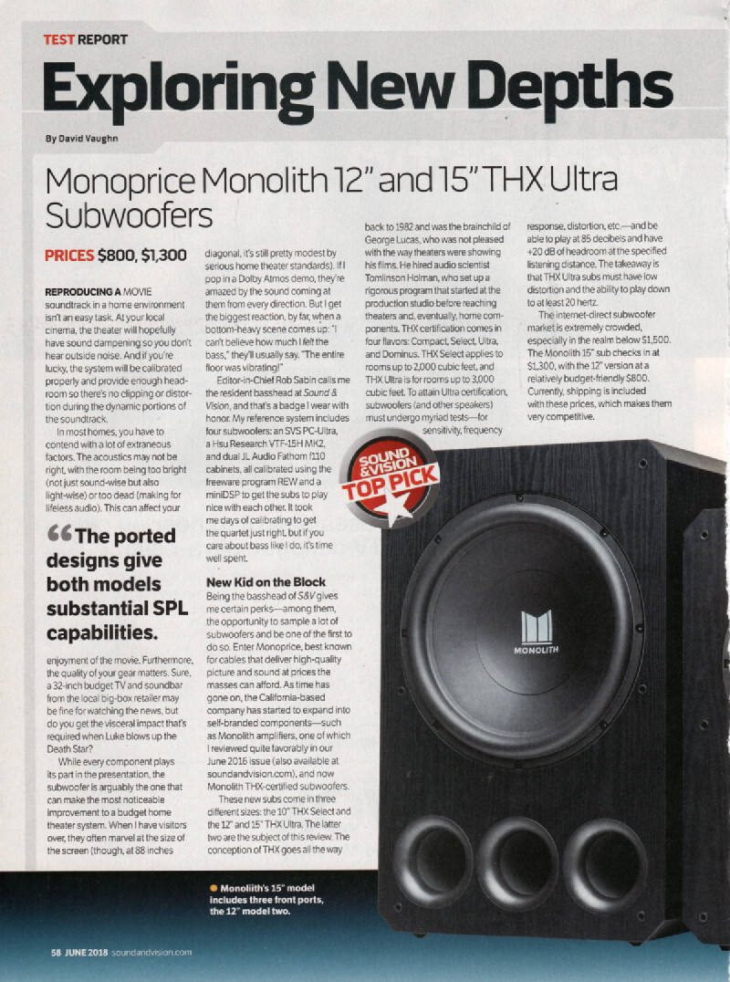 Monoprice Monolith Subwoofers Original Test Report 2018