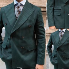 Men's Green Striped Suits Double Breasted Wide Peak Lapel Formal Wedding Tuxedos