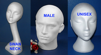 STYROPOR SCHAUM SCHAUFENSTERPUPPE AUSSTELLKOPF MÄNNLICH WEIBLICH SCHWAN UNISEX HALS