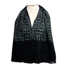 Wool Scarf Black Gray Geometric Pattern Fringe Wrap Shawl 62"x14" Unisex #A116