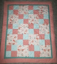 Woodland Forest Animals Tea Party Baby Quilt Handmade Peach Aqua 48 x 40 Blanket