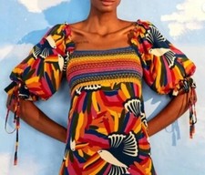 FARM RIO Toucan Bird Rainbow Maxi Dress Silky Colorful $265 L