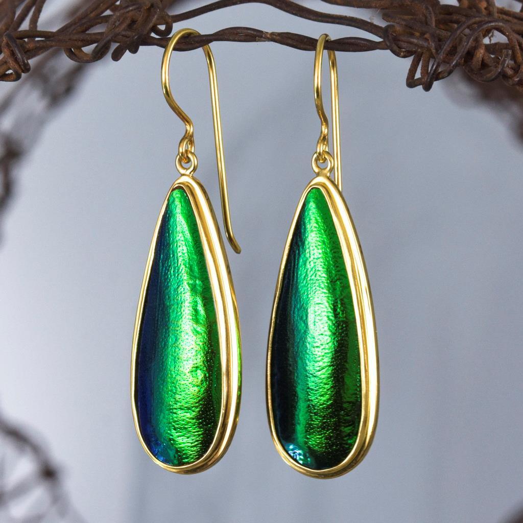 Green Jewel Beetle Wing Earrings in Gold Vermeil & Sterling Silver Handmade 5.65g-image