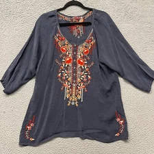 Johnny Was Top Womens L Gray Floral Embroidered Bird Tunic Art Boho Colorful