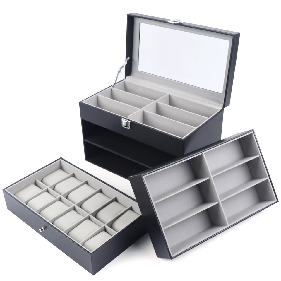 24 Slots Jewelry Storage Box Watch Box Glass Display Case Sunglasses