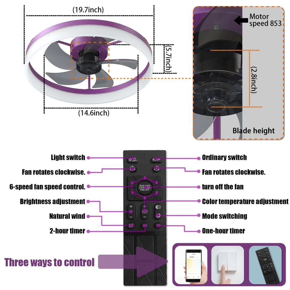 20 inch Ceiling Fan Light Modern Purple Flush Mount with APP Remote Control Kit - Image 2 of 4