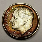 1951-S 10c Roosevelt Silver Dime - BU - PQ Neon Green Red Toning - SKU-Y4024