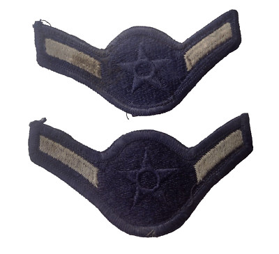 US Air Force Airman Rank Chevron Patch Off White on Navy Blue 45x97mm Used Pair