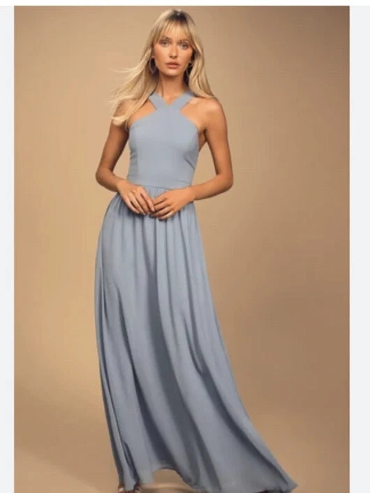 Lulus air of romance criss cross halter maxi dress Light Blue size S