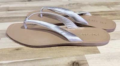 Prada Women's Sandals with Silver Straps Gold Accent and Tan Soles