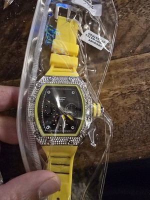 Men's Techno Pave  Bling  Yellow Rubber Band Watch No 9851 Water Resistant 