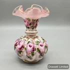 Vintage Fenton Art Glass Charleton Roses & Gold Melon Rib Vase Gold Trim