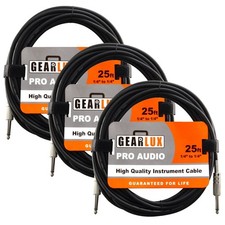 Gearlux Instrument Cable, 1/4 Inch, Straight-Straight, Black, 25 Foot - 3 Pack