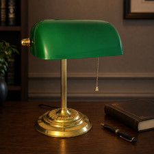Vintage Green Glass Banker's Desk Lamp Brass Base Pull Chain Library Light