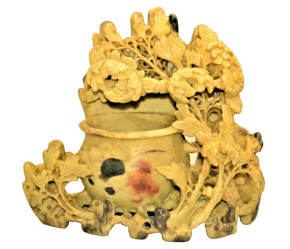 Antique Chinese Carved Soapstone Inkwell Incense Floral Bird Sculpture Statue - Image 2 of 4