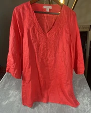 St. Tropez West Pink Embroidered 100% Linen Tunic Top Medium Beach Resortwear