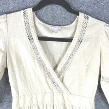 Linen Blend Crochet Lace Tiered VNeck Puff Sleeve Mini Peasant Dress Beige Sz 8
