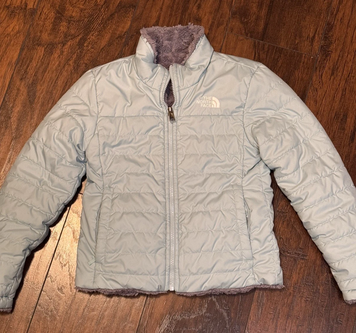 The North Face Reversible Fleece Puffer Jacket Girls Small 7 8 Blue Gray