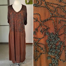 1920s Vintage Brown Chiffon Heavily Beaded Flapper Dress L