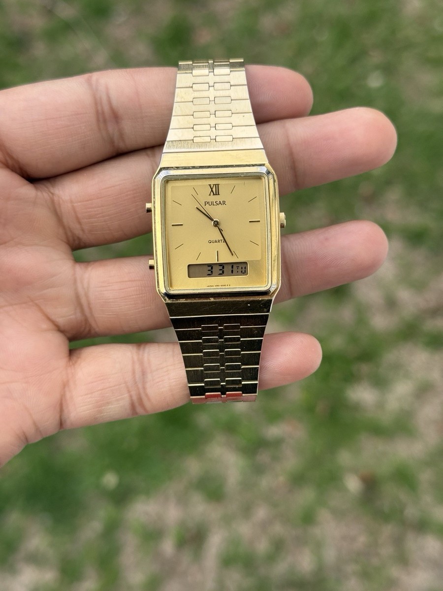 Pulsar rare vintage Gold Tone Dual-Display Watch unisex 1980s