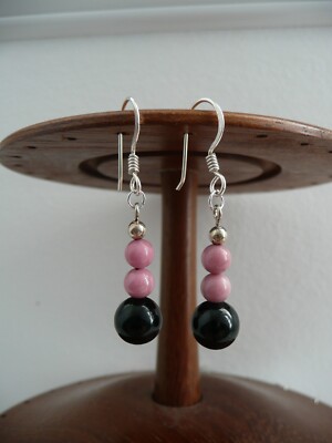 Boucles D'oreilles Pendantes En Argent 925 - Onyx Noir & Rhodochrosite | Fait Main, Unique