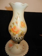 VTG Lamp, Hand Painted, Electric Oil Lamp, Ivory Glass Chimney, Floral Pattern