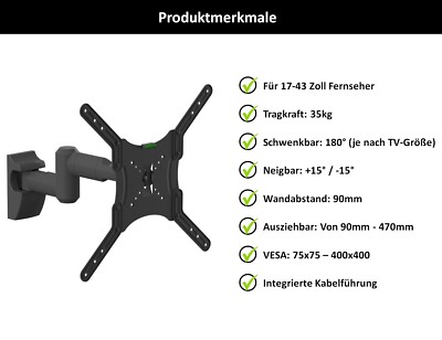 ONKRON TV Wandhalterung, TV Halterung 17"-43", Schwenkbar, Negbar Bs