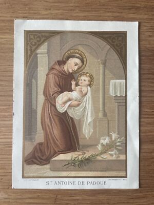 Grande image pieuse Vierge à l'enfant entourée de ses Saints signée