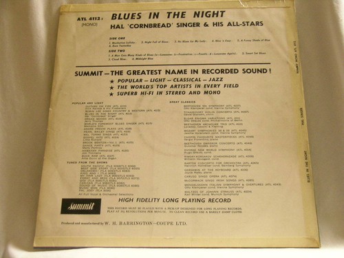 HAL CORNBREAD SINGER Blues In The Night Dick Vance Lawrence Lucie Summit Mono LP - Bild 2 von 2