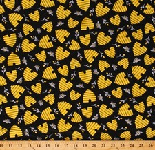 Cotton Bees Beehives Honey Black Cotton Fabric Print by the Yard D383.39