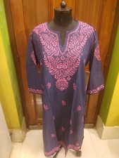 LONG L 42" TOP 100 COTTON HANDMADE ETHNIC CHIKAN EMBROIDERY KURTA KURTI TUNIC