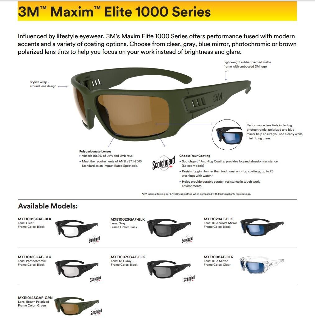 3M Maxim Elite 1000 Safety Glasses Sunglasses Anti-Fog Multiple Colors ANSI  Z87+