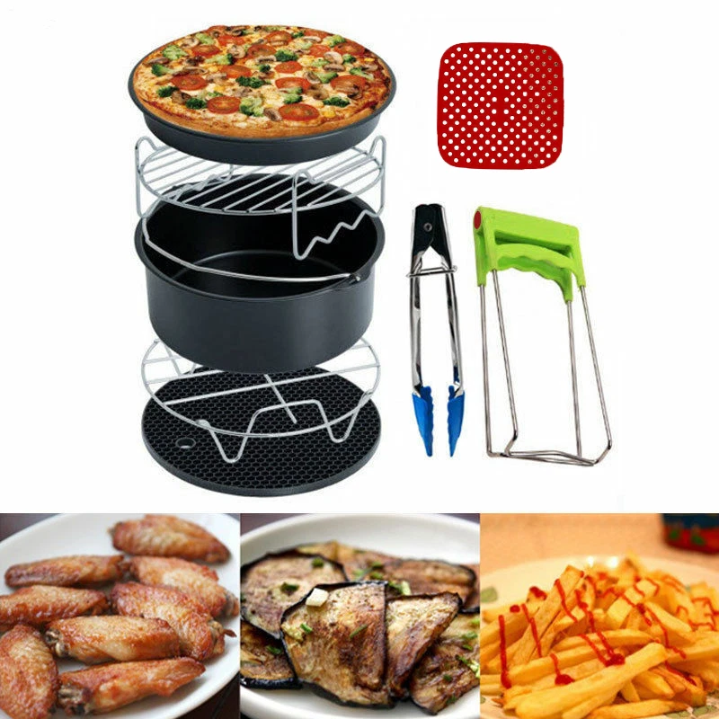 8Pcs Air Fryer Accessories Set Baking Pan Rack Grill Pizza Tray Chips Home  Tools