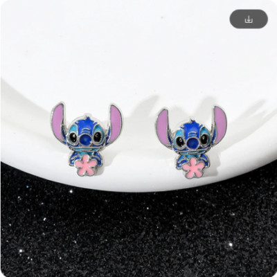 Disney Stitch Holding Flower Silver Stud Earrings New