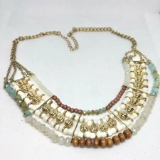 Multi-strand Goldtone Cream Brown Blue Bead Collar Necklace
